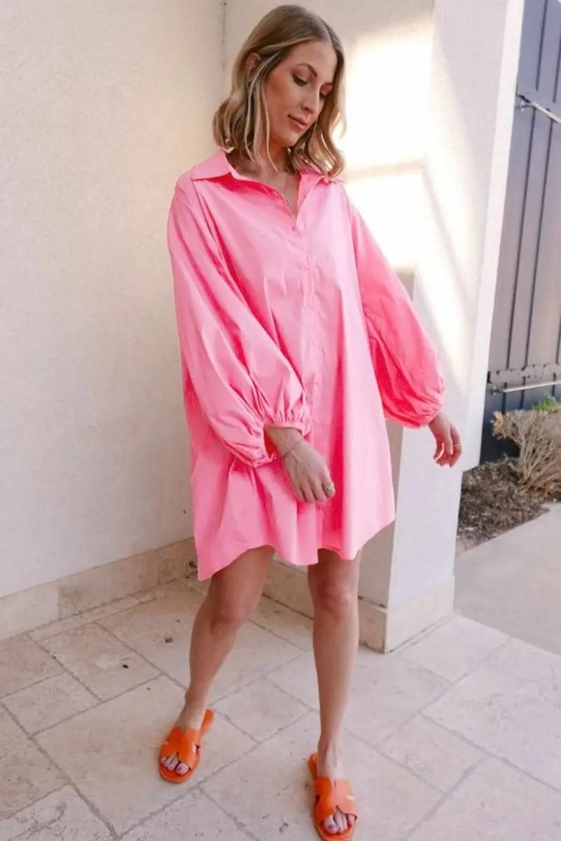 Bright Pink Balloon Sleeve Button Up Mini Shirt Dress - Love Salve
